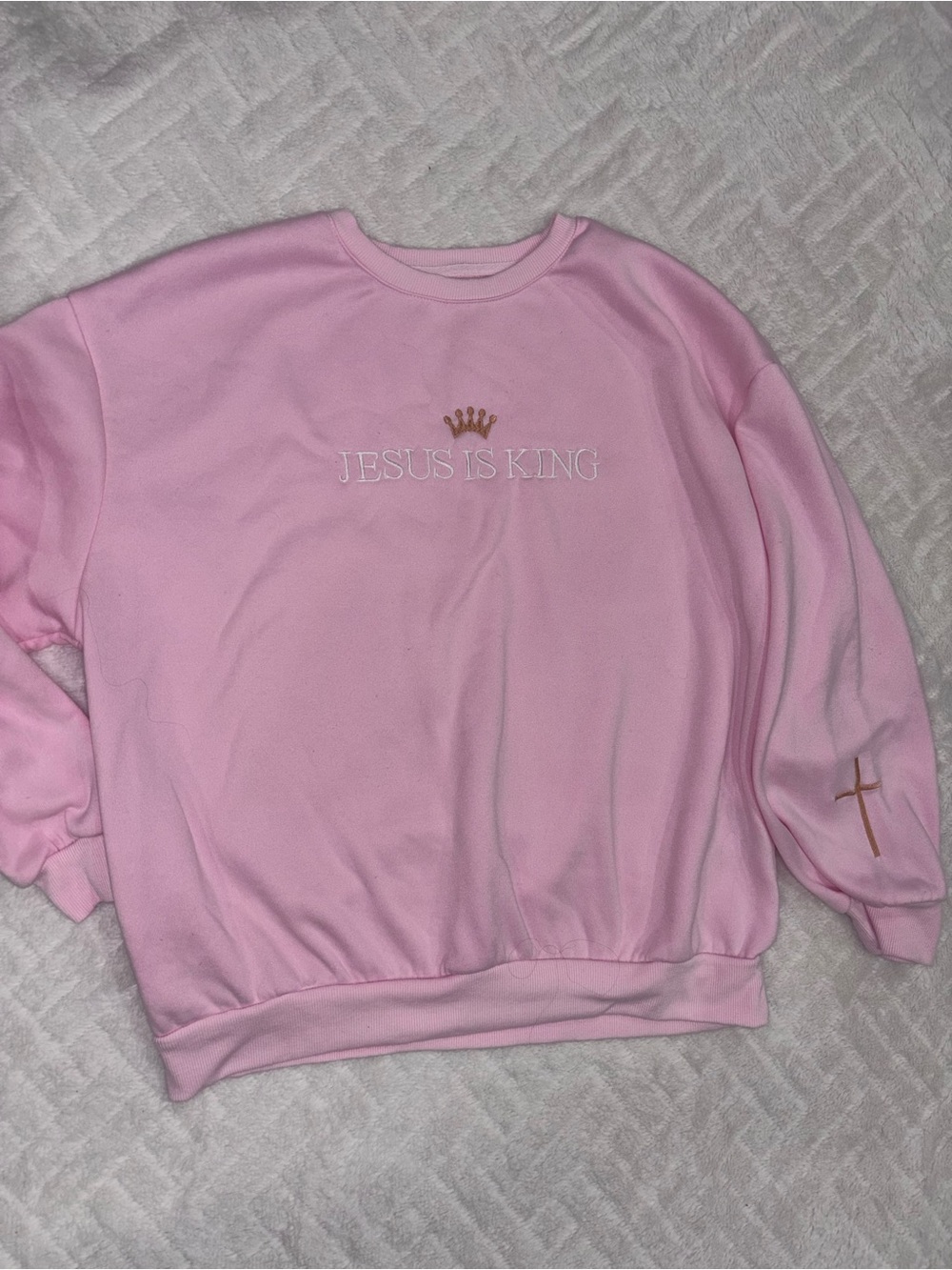 Pink "Jesus Is King" Embroidered Crewneck Sweatshirt